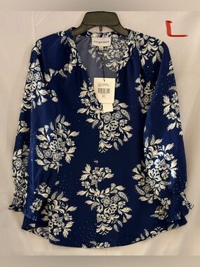 Alex & Parker Navy Floral V-Neck Long-Sleeve Blouse